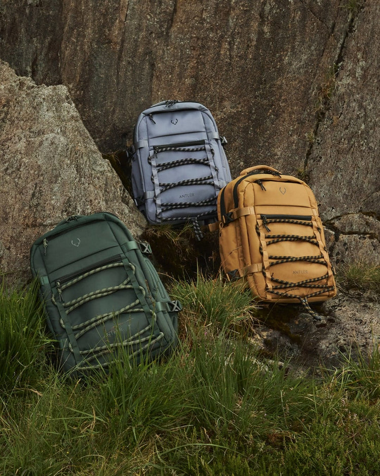 a group of backpacks on a rock