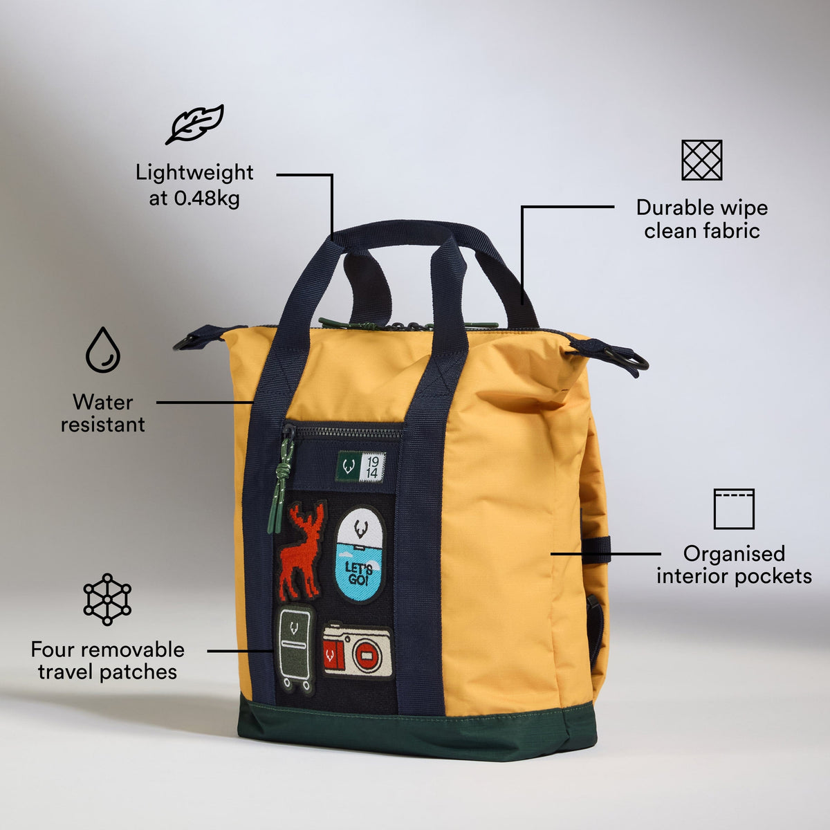 a yellow and black bag with different symbols