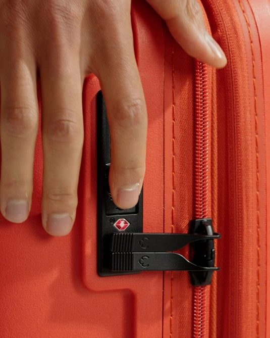 a hand on a suitcase