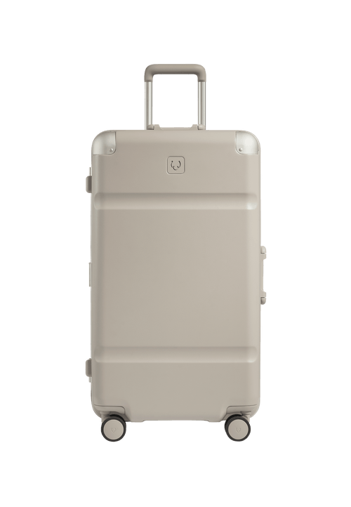 a grey suitcase with wheels