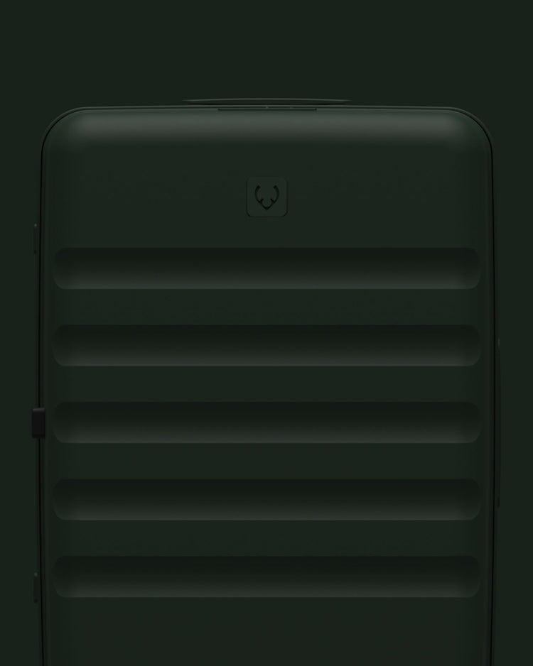 a black suitcase with a logo on it