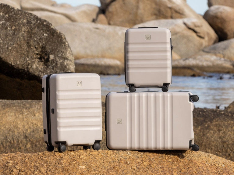 a group of luggage on a rock